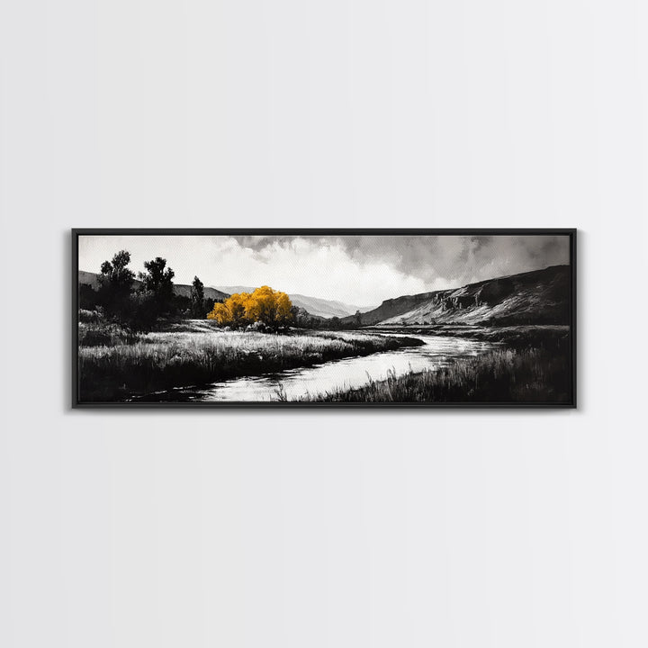 River Landscape, Rustic Nature Art, Black and White with Yellow Accent, Peaceful Scenery, Living Room Decor, Canvas Print