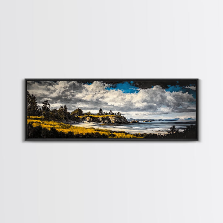 Dramatic Beach, Blue Sky, Coastal Landscape Art, Canvas Print, Modern Nature Decor, Living Room Artwork, Large Scenic Wall Art