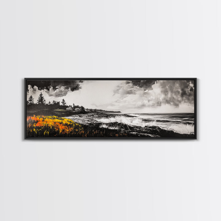 Coastal Storm, Monochrome Seascape, Bold Ocean Art, Framed Canvas Print, Black White Yellow, Living Room Wall Decor, Nautical Artwork