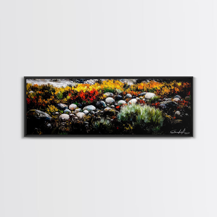 Rocky Shoreline, Wildflowers, Coastal Landscape, Framed Canvas Print, Autumn Beach Scene, Rustic Nature Painting, Entryway Wall Art