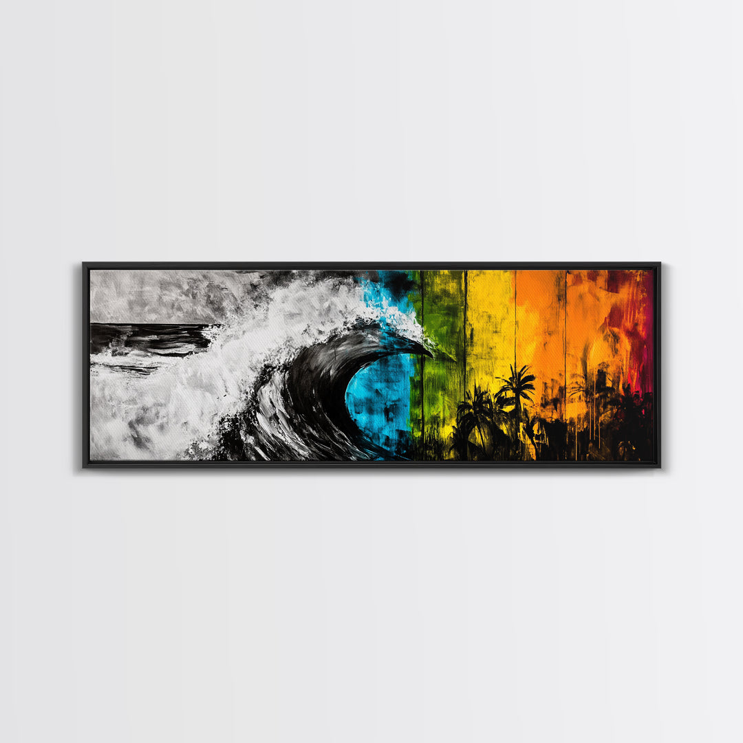 Ocean Wave Painting, Coastal Wall Art, Beach Sunset Decor, Tropical Nature Print, Vibrant Abstract Art, Framed Canvas Print