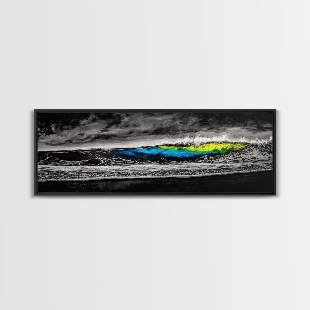Black, White, Wave, Framed Canvas Print, Surf Wall Art, High Contrast Ocean Scene, Modern Coastal Decor, Contemporary Wave Painting, Monochrome