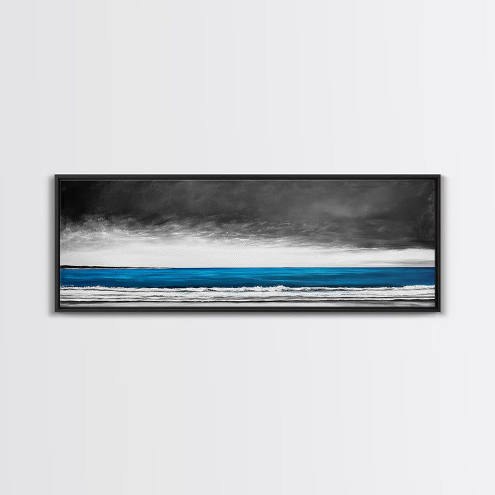 Blue Ocean, Moody Seascape, Coastal Wall Art, Minimalist Beach Scene, Black and White Decor, Framed Canvas Print, Bathroom Wall Art