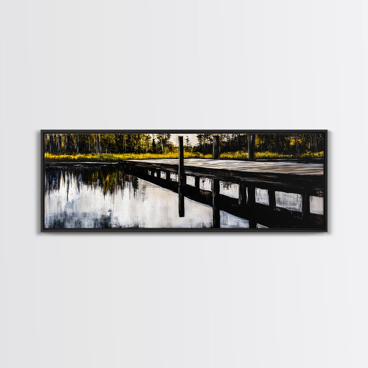 Lakeside Dock, Reflection Art, Serene Water, Framed Canvas Print, Tranquil Nature Scene, Rustic Cabin Decor, Woodland Wall Art, Large Art