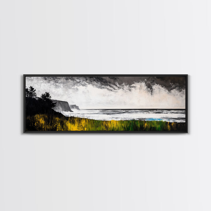 Cliffside View, Misty Ocean, Yellow Grass, Canvas Print, Coastal Landscape, Fall Wall Art, Nature Painting, Living Room Home Decor