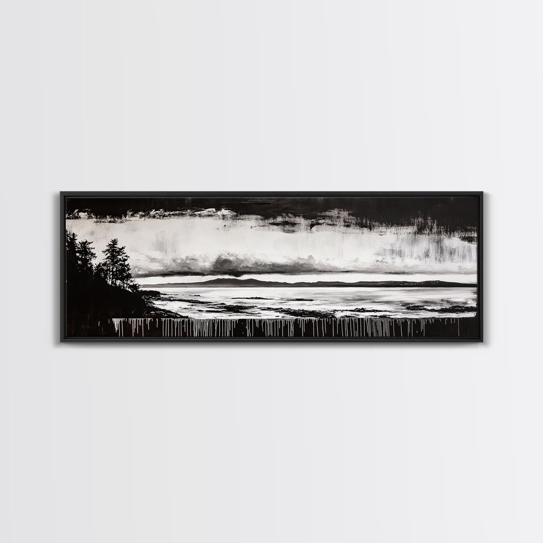 Black White Seascape, Ocean Storm, Dramatic Sky, Framed Canvas Print, Minimalist Art, Coastal Wall Decor, Office Accent, Nautical Home Art