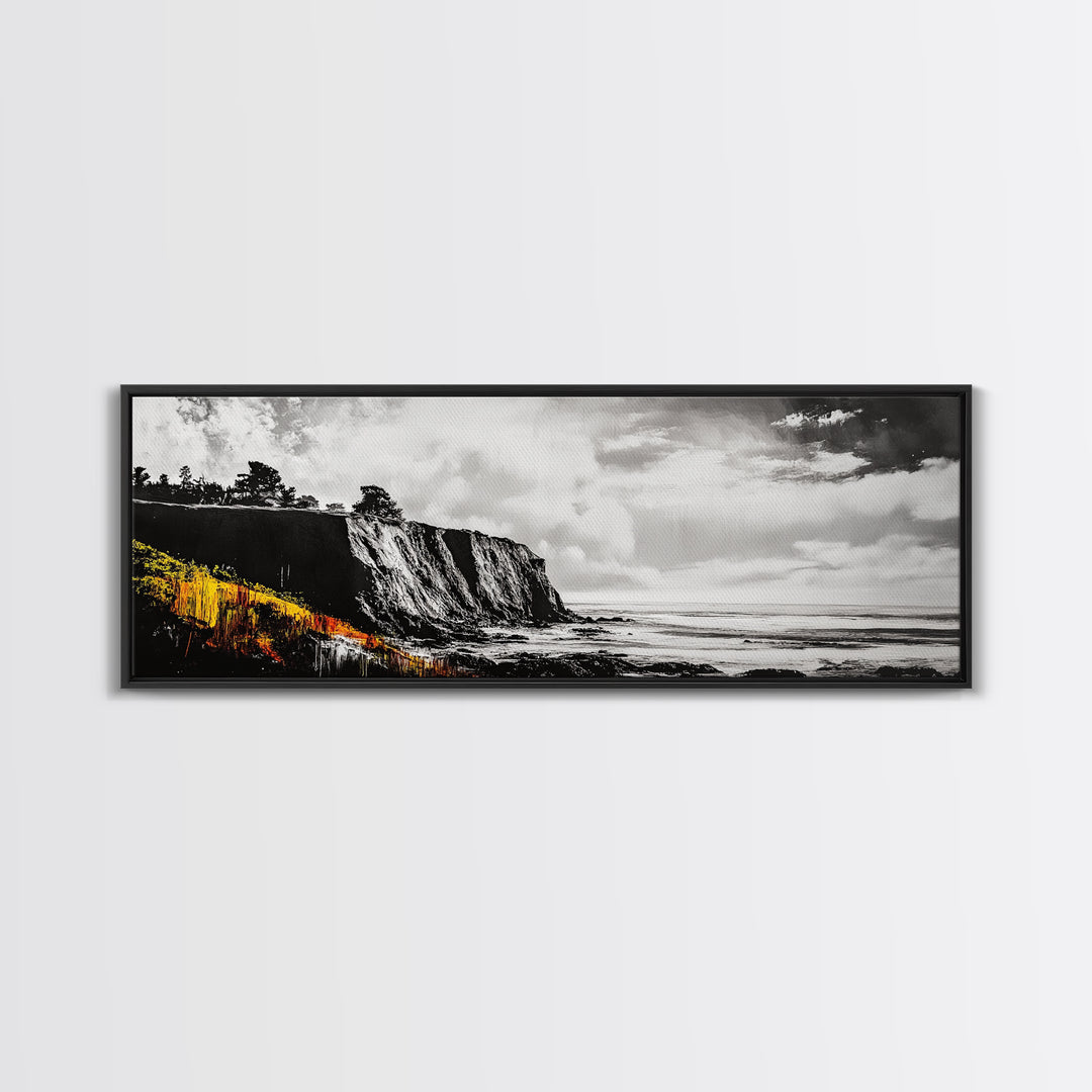 Coastal Cliff Painting, Black and White Seascape, Ocean View Artwork, Modern Nautical Decor, Beach House Wall Art, Framed Canvas Print
