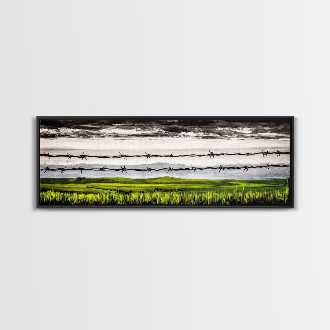 Barbed Wire Art, Rural Landscape Print, Farmhouse Wall Decor, Countryside Canvas Print, Rustic Living Room Art, Framed Canvas Print