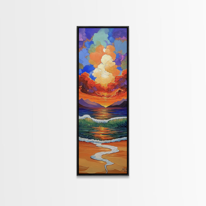 Ocean Sunset, Waves Painting, Framed Canvas Print, dramatic beach sunset, crashing waves, bold seascape, boho home decor, bathroom wall art