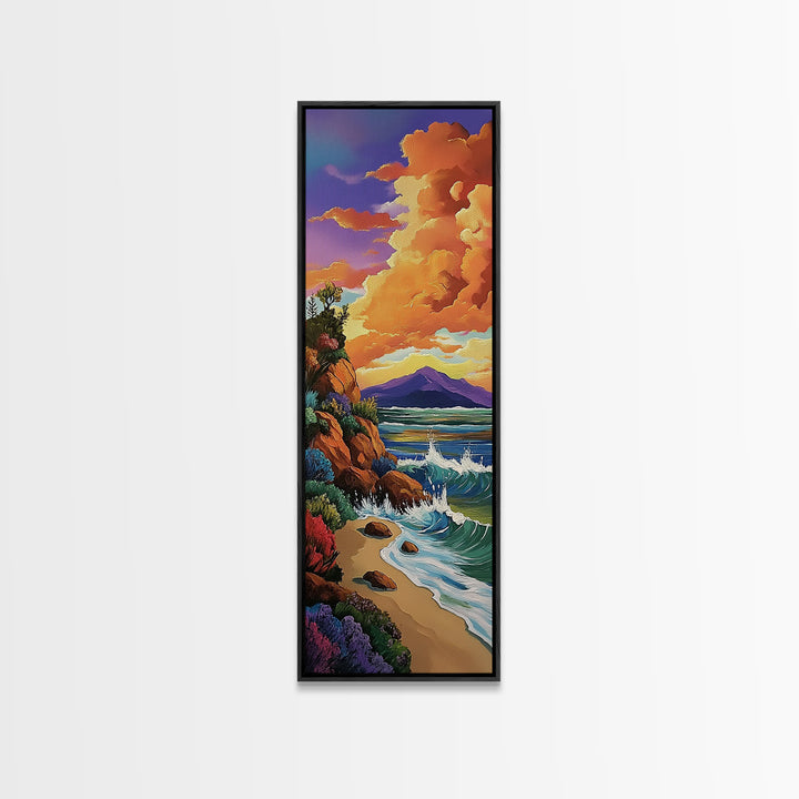 Beach Cliffs, Sunset Painting, Framed Canvas Print coastal cliffside view with crashing waves vibrant beach wall art tropical living room décor