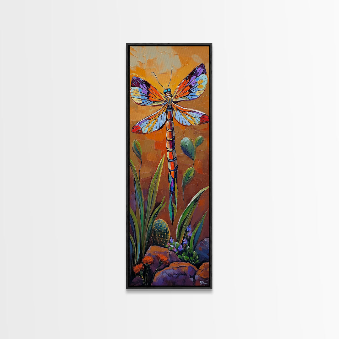 Dragonfly Wings, Garden Sunset, Whimsical insect decor Canvas Print, vibrant boho nature wall art, entryway statement piece