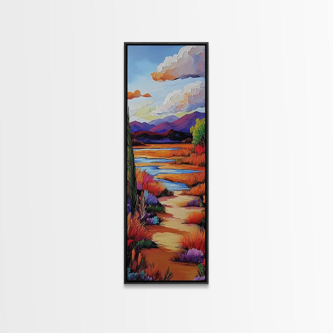 Path Mountains, Autumn Meadow, Vibrant Fall trail scene Framed Canvas Print, rustic seasonal wall art, living room nature decor