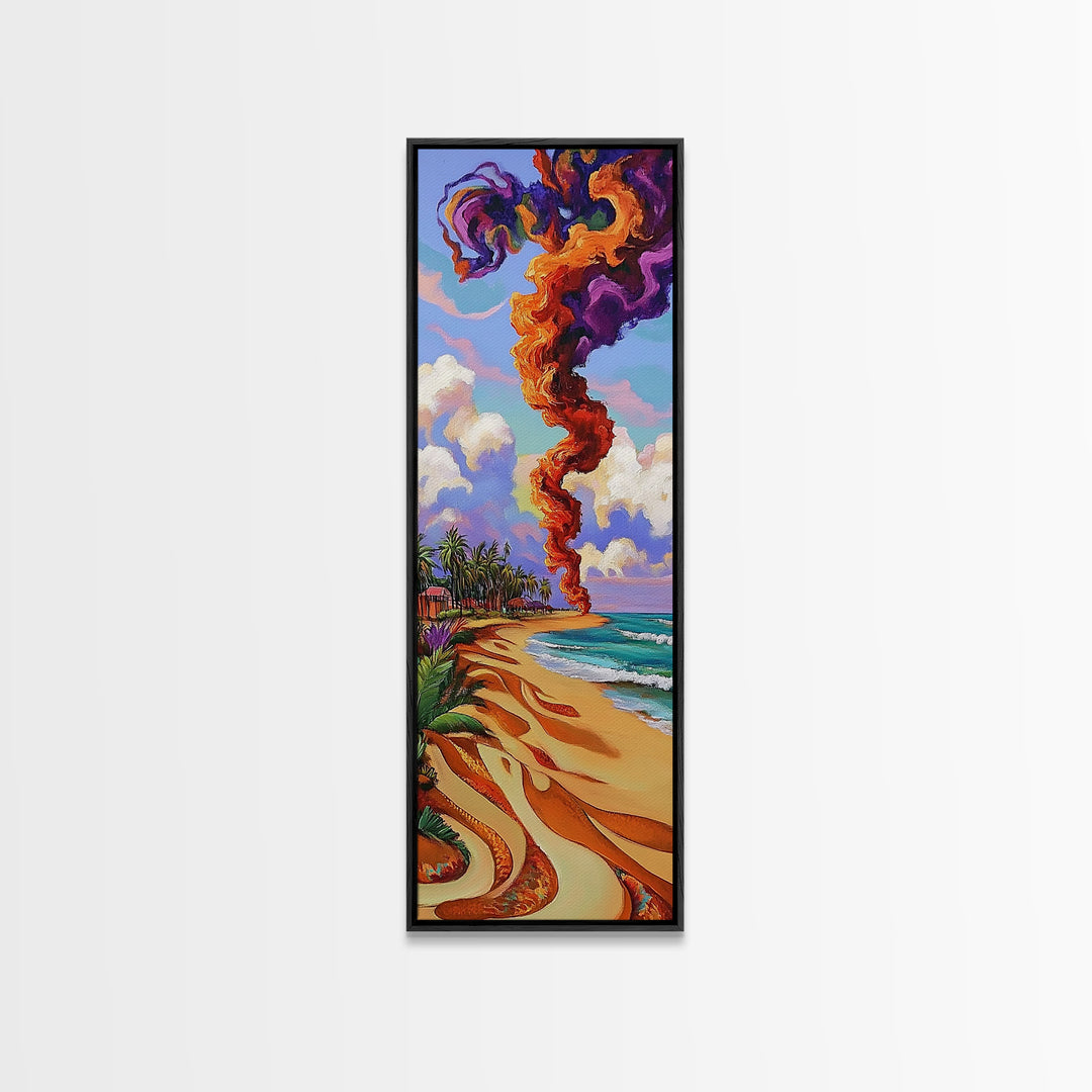 Coastal Smoke Vibes Art, Framed Canvas Print vibrant beach painting with purple and orange smoke, tropical sunset art, boho home decor