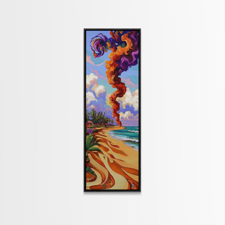 Coastal Smoke Vibes Art, Framed Canvas Print vibrant beach painting with purple and orange smoke, tropical sunset art, boho home decor