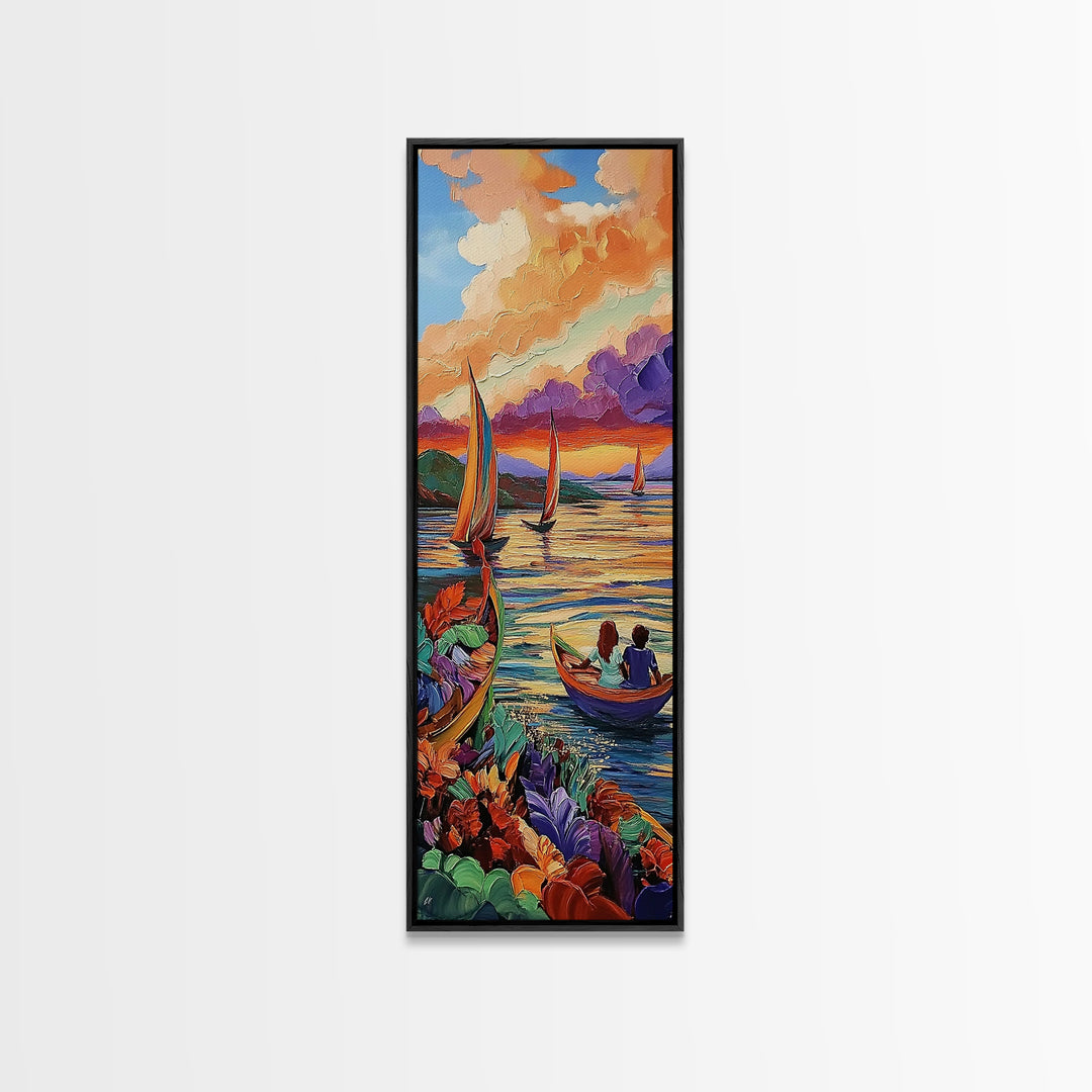 Boats Sunset, Romance Adventure, Canvas Print vibrant sailboats at sunset painting, romantic couple art, nautical wall decor, boho accent