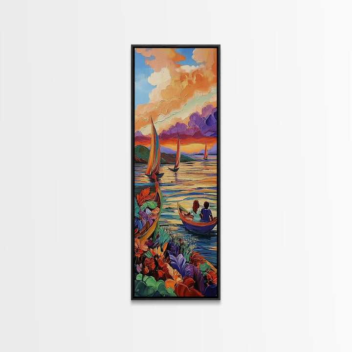 Boats Sunset, Romance Adventure, Canvas Print vibrant sailboats at sunset painting, romantic couple art, nautical wall decor, boho accent