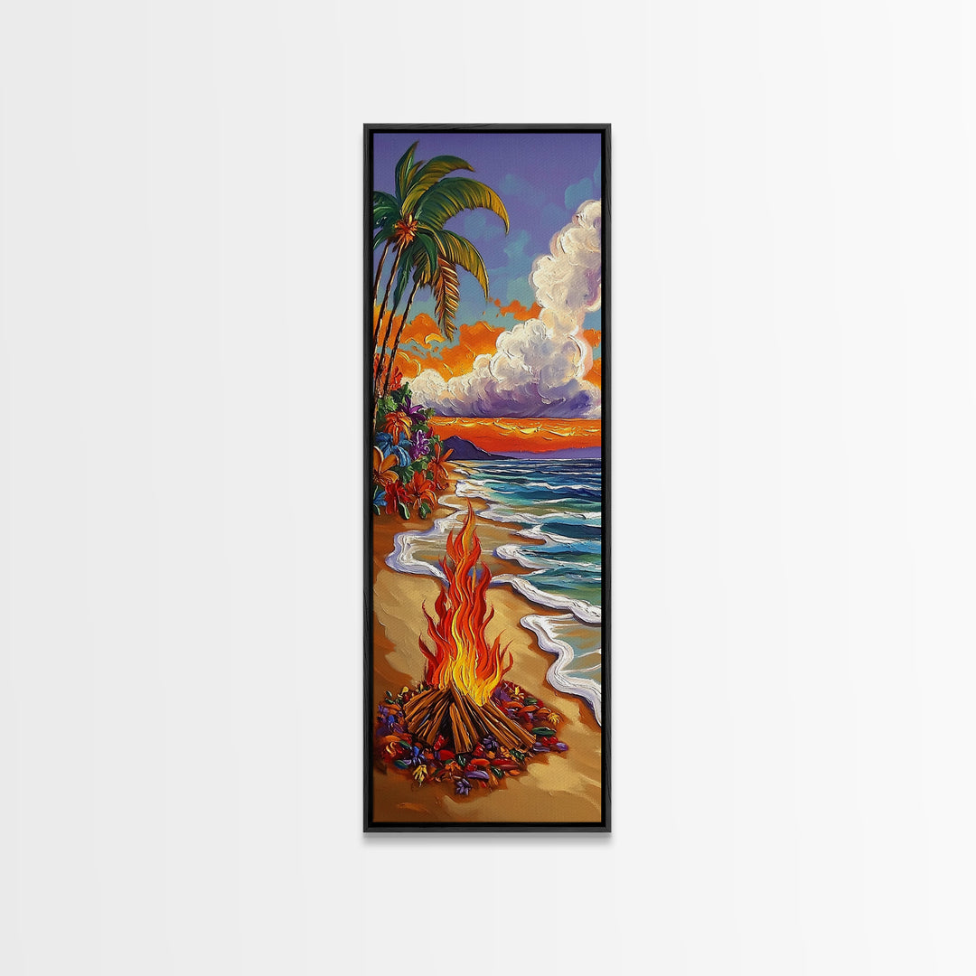 Beach Bonfire, Tropical Sunset, Palm Trees, Framed Canvas Print, coastal beach wall art, summer living room or patio decor, boho ocean vibe