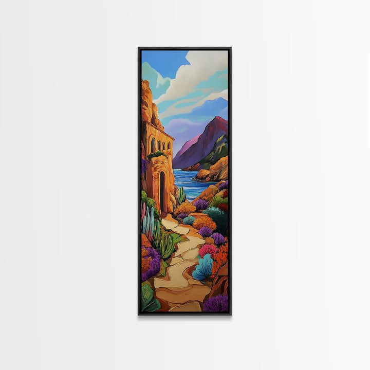 Desert, Path, Cactus, Vibes - Framed Canvas Print, Southwest Landscape Wall Art, Living Room Colorful Boho Art, Mediterranean Path Painting