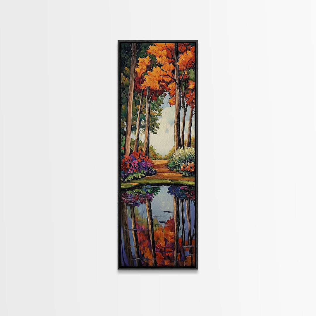 Autumn, Trees, Reflection, Forest - Framed Canvas Print, Fall Foliage Wall Art, Nature Scene Living Room Decor, Warm Seasonal Forest Painting