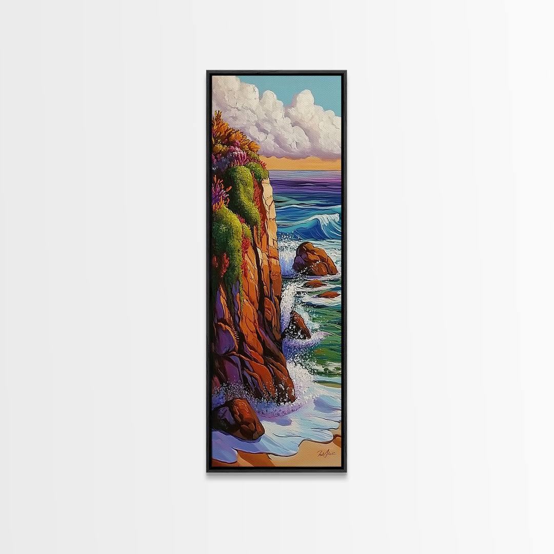 Cliff, Ocean, Waves, Nature, Framed Canvas Print of dramatic coastal waves, serene beach art, bathroom wall decor, ocean lover gift
