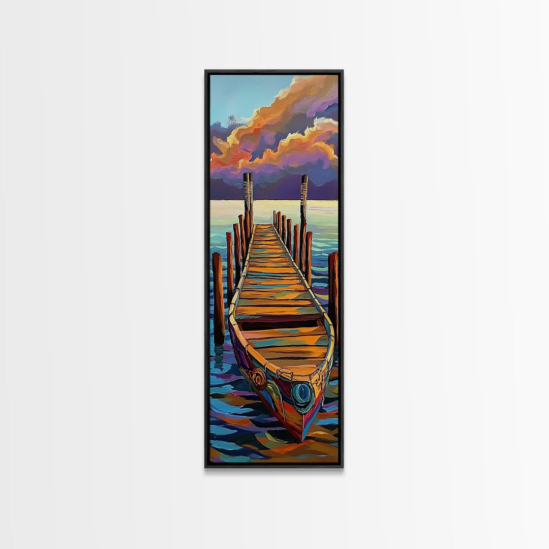 Boat, Dock, Sunset, Water, Canvas Print, Serene Nautical Wall Art, Lakehouse Decor, Minimalist Ocean Landscape, Peaceful Seascape