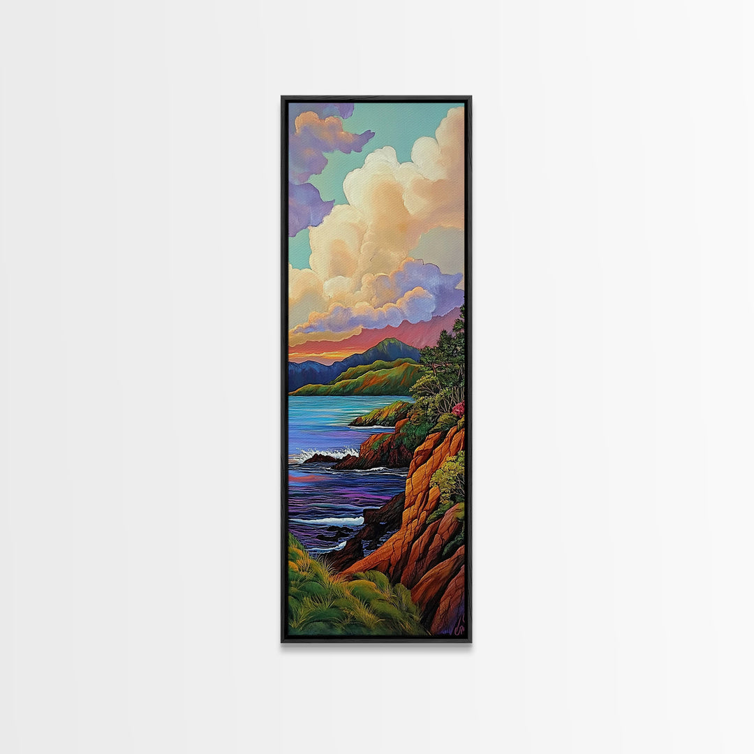 Coastal, Sunset, Cliffs, Horizon, Framed Canvas Print, Bold ocean view in painterly style, perfect Living Room Wall Art or Nature Inspired Decor