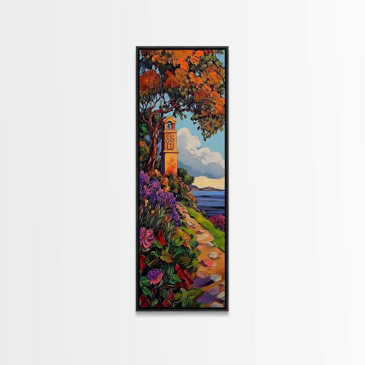 Coastal Bell Tower, Floral Pathway, Mediterranean Seaside Art, Vibrant Garden Style, Fall Home Accent, Framed Canvas Print