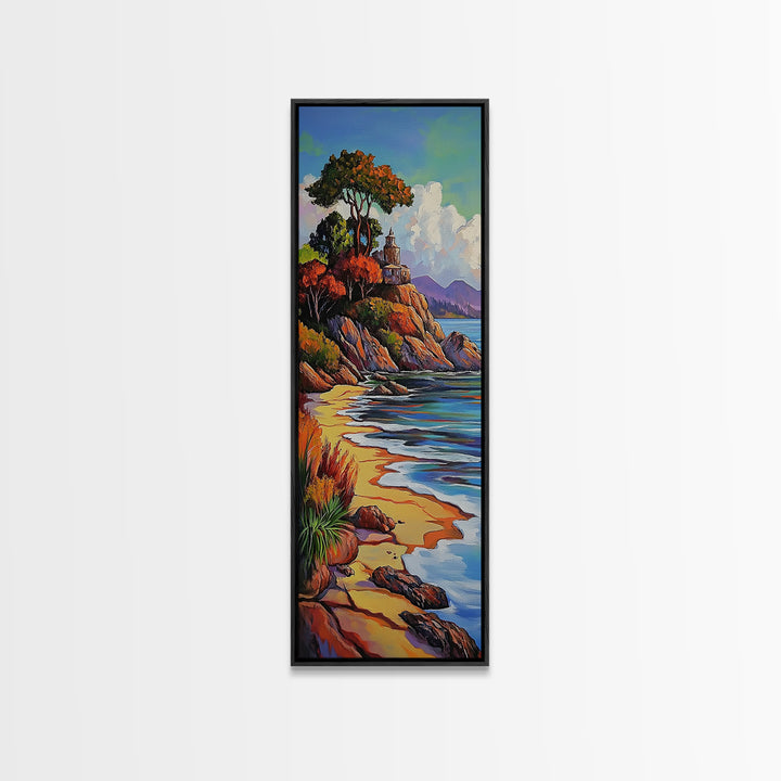 Autumn Lighthouse, Coast, Beach Sunset Landscape Framed Canvas Print, Coastal Wall Decor, Fall Living Room Art, Vibrant Nature Artwork