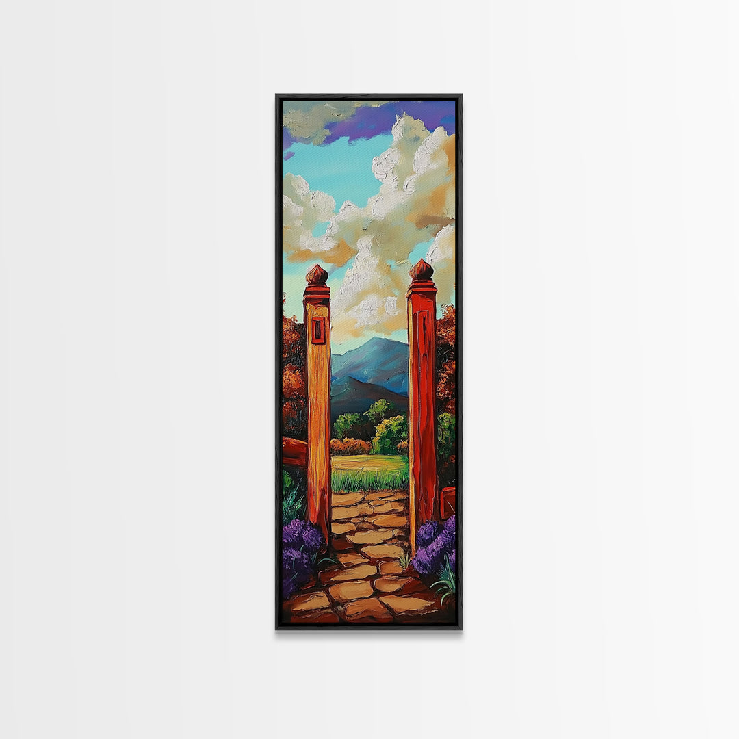 Country Gate, Meadow, Rustic Garden Landscape Framed Canvas Print, Farmhouse Wall Art, Autumn Entryway Decor, Peaceful Nature Scene