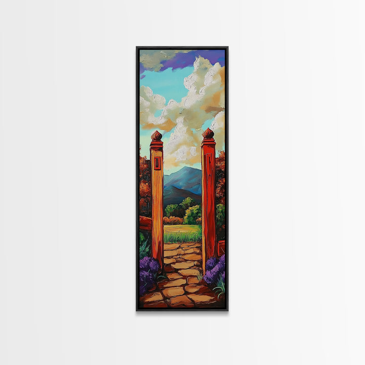 Country Gate, Meadow, Rustic Garden Landscape Framed Canvas Print, Farmhouse Wall Art, Autumn Entryway Decor, Peaceful Nature Scene