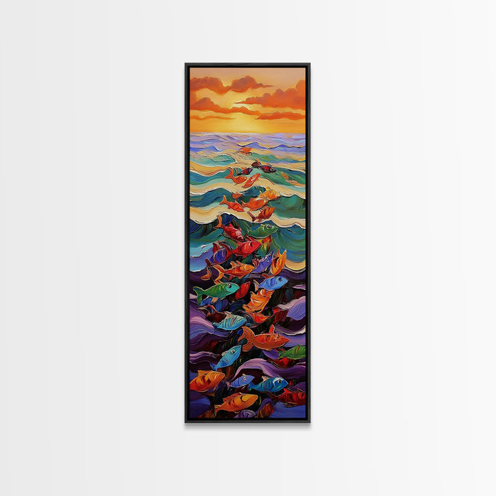 Ocean Journey, Colorful Fish, Sunrise Waves, Framed Canvas Print, vibrant coastal fish painting, kids room or nautical beach house art