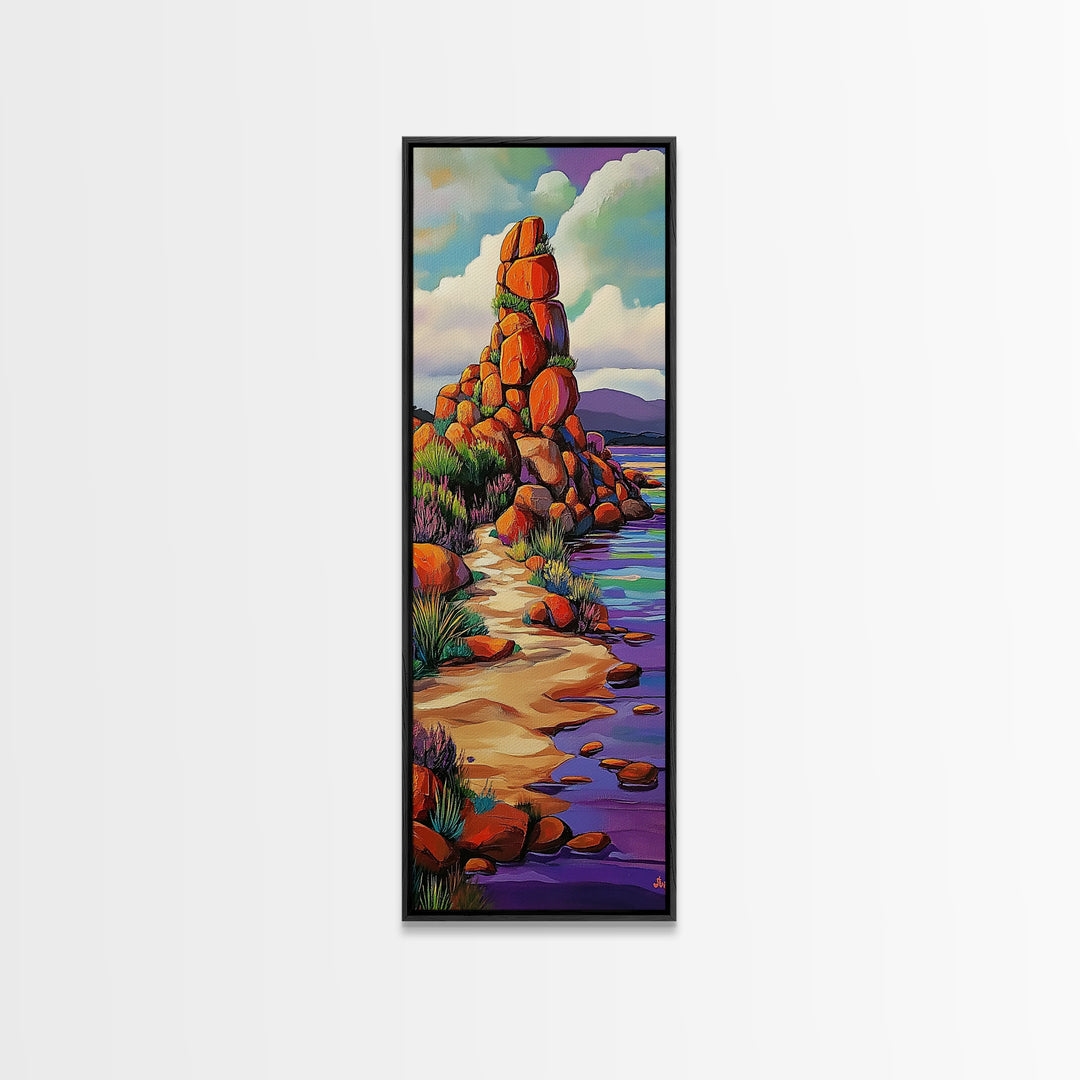 Desert Trail, Rocks, Nature, Framed Canvas Print, Desert path painting, wild rocky trail artwork, hallway decor, southwestern rustic style