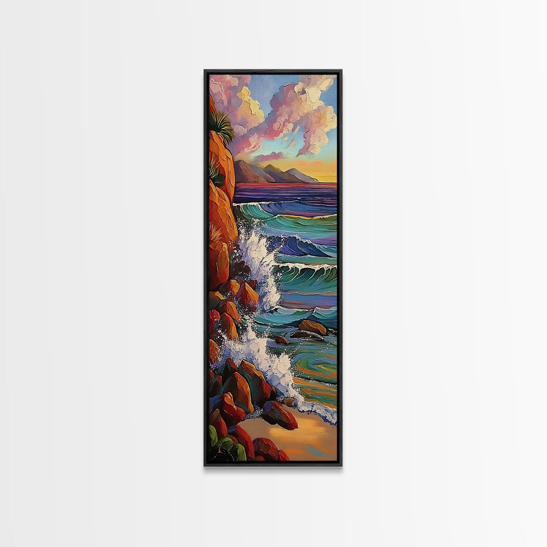 Ocean Cliffs, Sunset, Trees, Framed Canvas Print, Ocean cliffs wall art, glowing sunset scene, romantic coastal decor, entryway accent