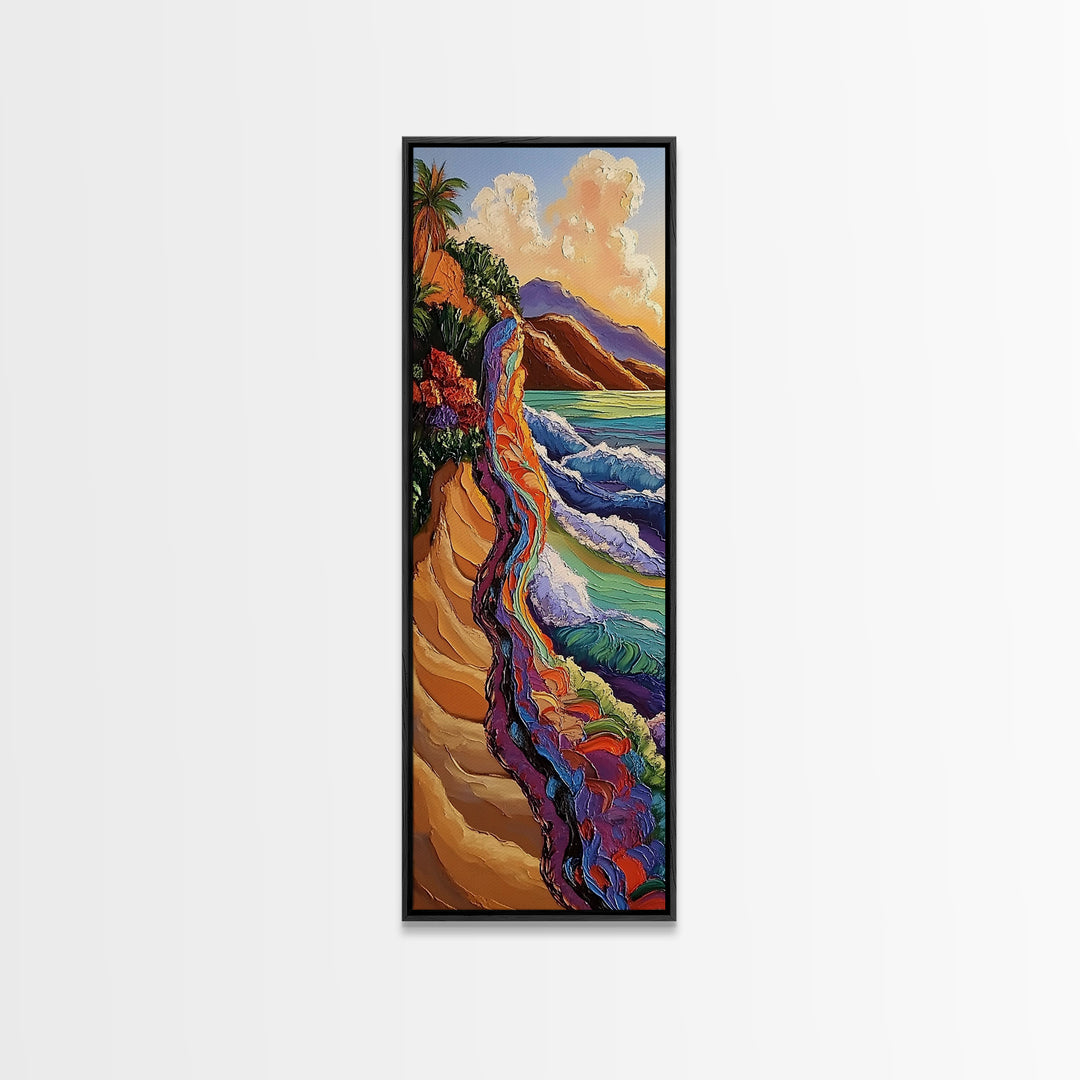 Cliffside Ocean, Rainbow, Waves – Canvas Print bold beach artwork, coastal living room art, tropical ocean scene, textured vibrant painting