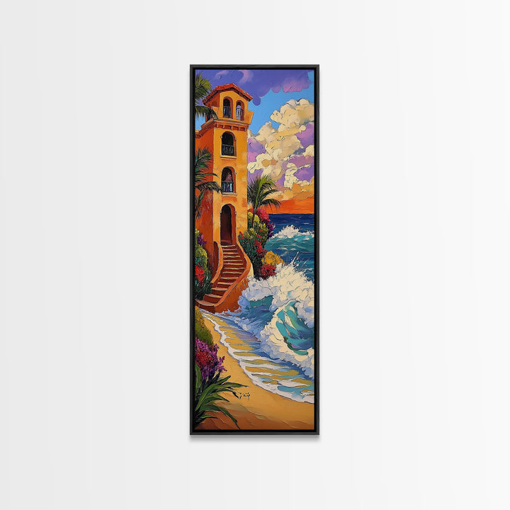 Coastal Villa, Sunset, Ocean Waves Framed Canvas Print, Mediterranean Style Wall Art, Colorful Beach Home Decor, Seaside Painting