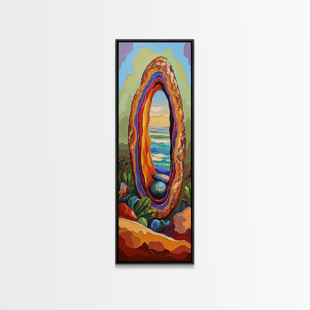 Ocean Portal, Geode Shell, Dreamy, Surreal Beach Art, Framed Canvas Print, Boho Bedroom Decor, Psychedelic Coastal Wall Art