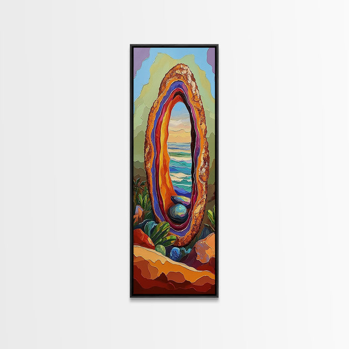 Ocean Portal, Geode Shell, Dreamy, Surreal Beach Art, Framed Canvas Print, Boho Bedroom Decor, Psychedelic Coastal Wall Art