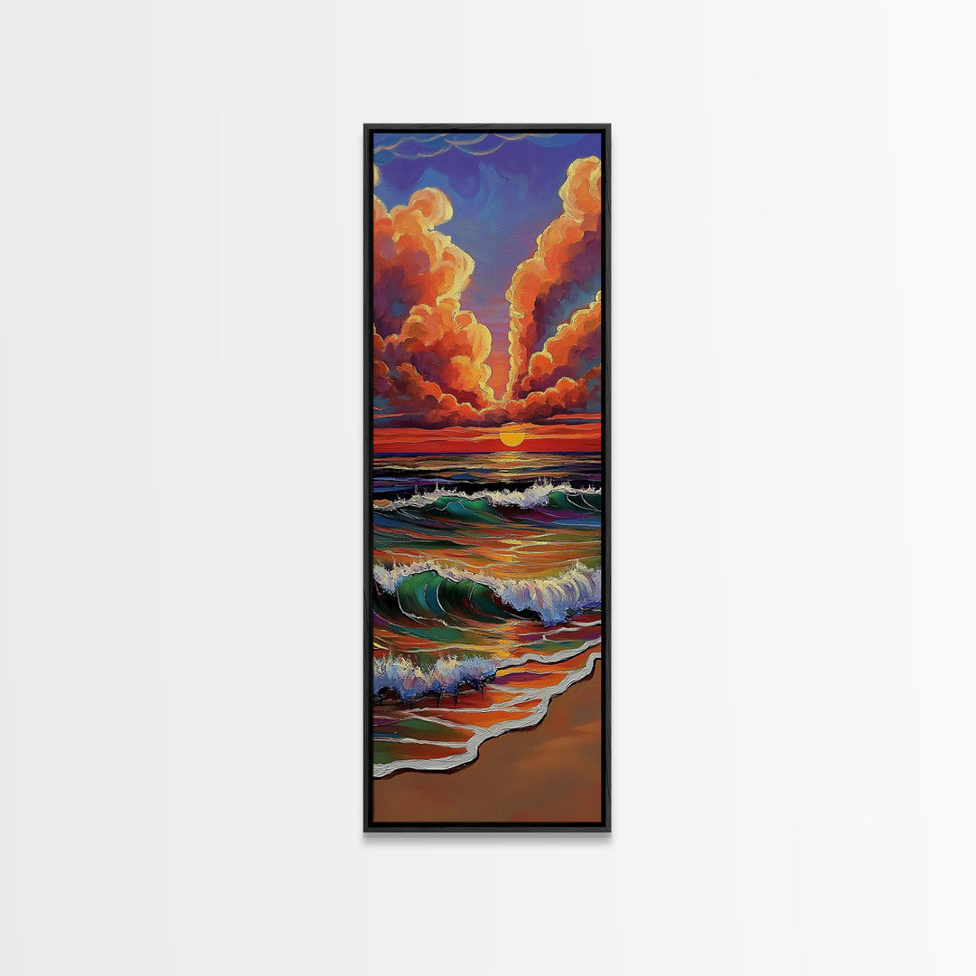 Ocean Sunset, Glow, Waves Framed Canvas Print glowing beach sunset wall art, vivid wave painting, warm coastal decor, boho beach house art