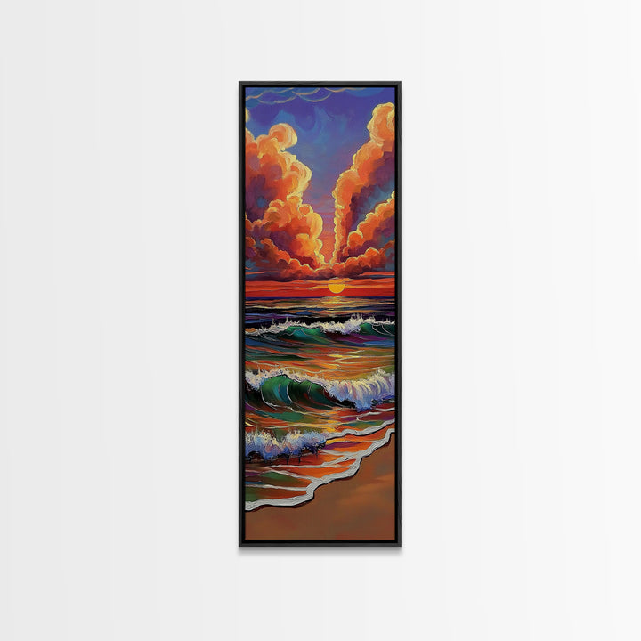 Ocean Sunset, Glow, Waves Framed Canvas Print glowing beach sunset wall art, vivid wave painting, warm coastal decor, boho beach house art