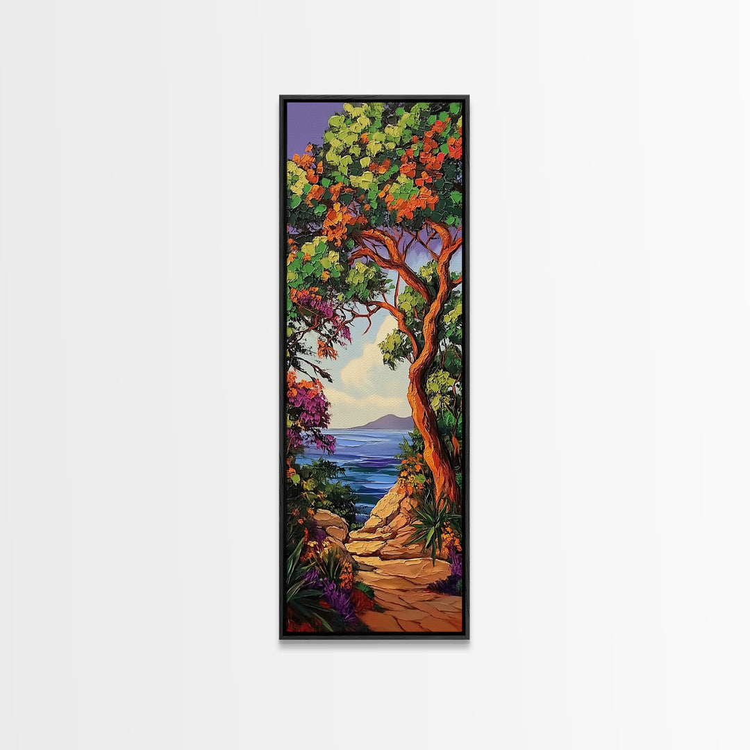 Coastal Trail,Trees,Escape — Framed Canvas Print, tropical coastal decor, beachside nature wall art, entryway or hallway boho painting