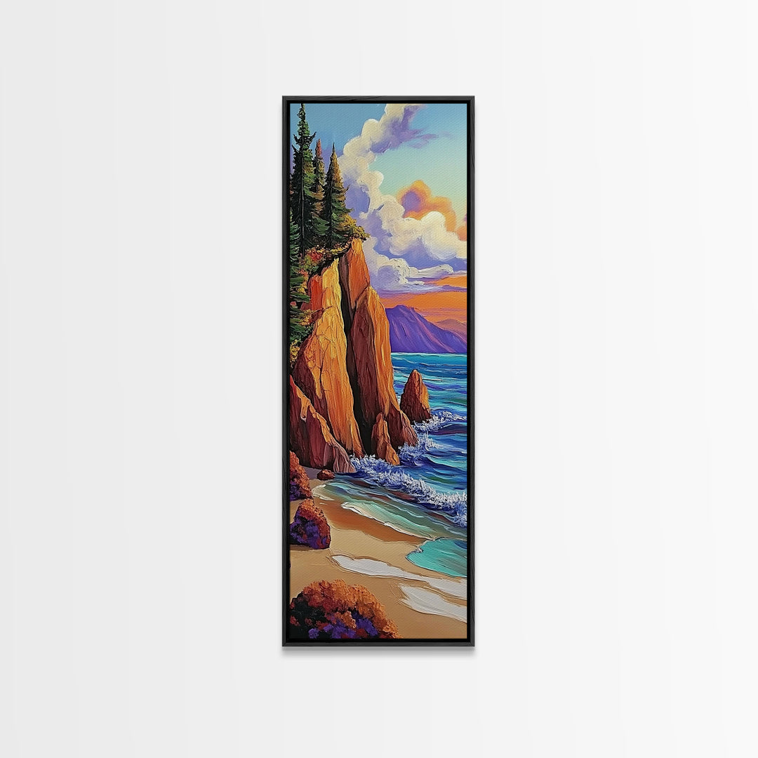 Rocky Coast, Ocean Cliffs, Sunset Mountain Seascape, Framed Canvas Print, Nature Landscape Wall Art, Fall Living Room Wilderness Decor
