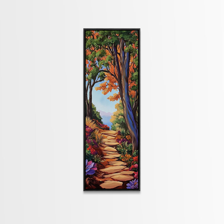 Autumn Pathway, Forest, Nature — Framed Canvas Print of scenic forest path with fall trees, cozy rustic living room wall decor, woodland art