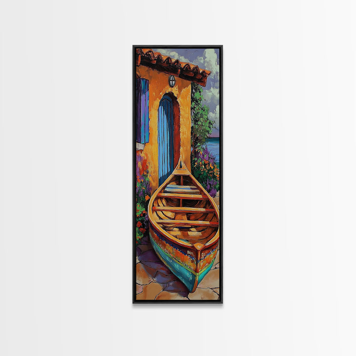 Docked Boat Flowers Villa, Framed Canvas Print, Mediterranean coastal home decor, bright rustic art, hallway wall art, summer lakehouse print