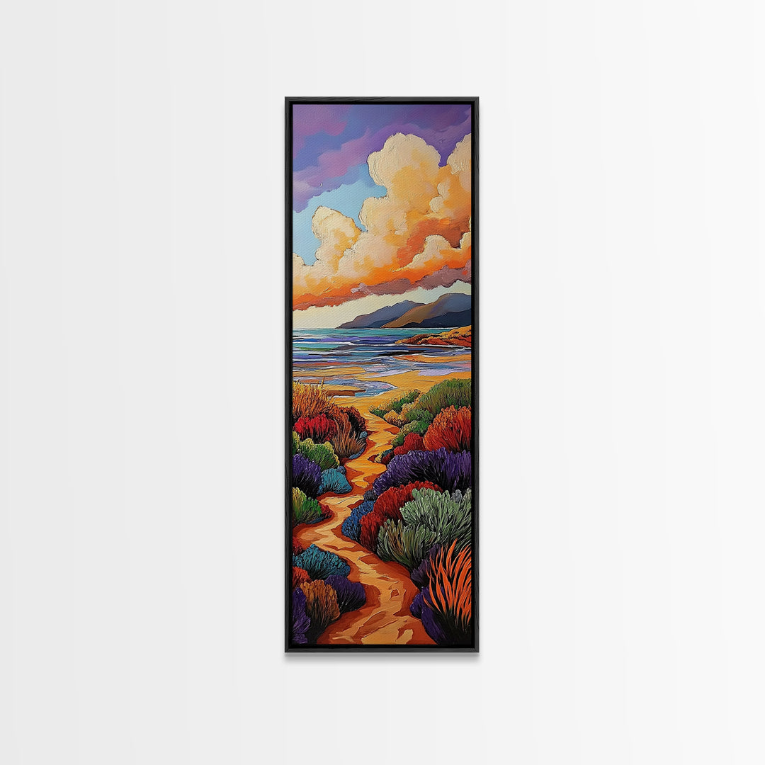 Beach Trail, Colorful Dunes, Seaside Nature, Framed Canvas Print, vibrant coastal landscape painting, tropical home wall art, bedroom art
