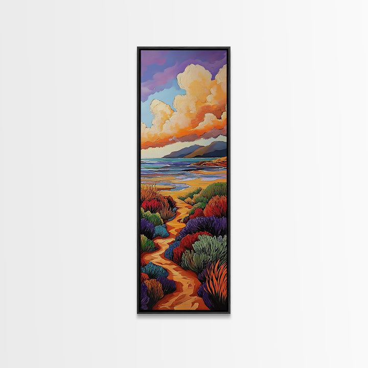 Beach Trail, Colorful Dunes, Seaside Nature, Framed Canvas Print, vibrant coastal landscape painting, tropical home wall art, bedroom art