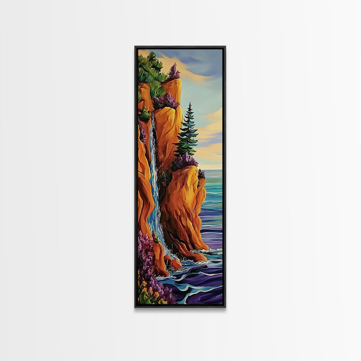Coastal Cliffside, Waterfall, Pines - Framed Canvas Print, vibrant coastal landscape art, boho nature painting, hallway or office wall art