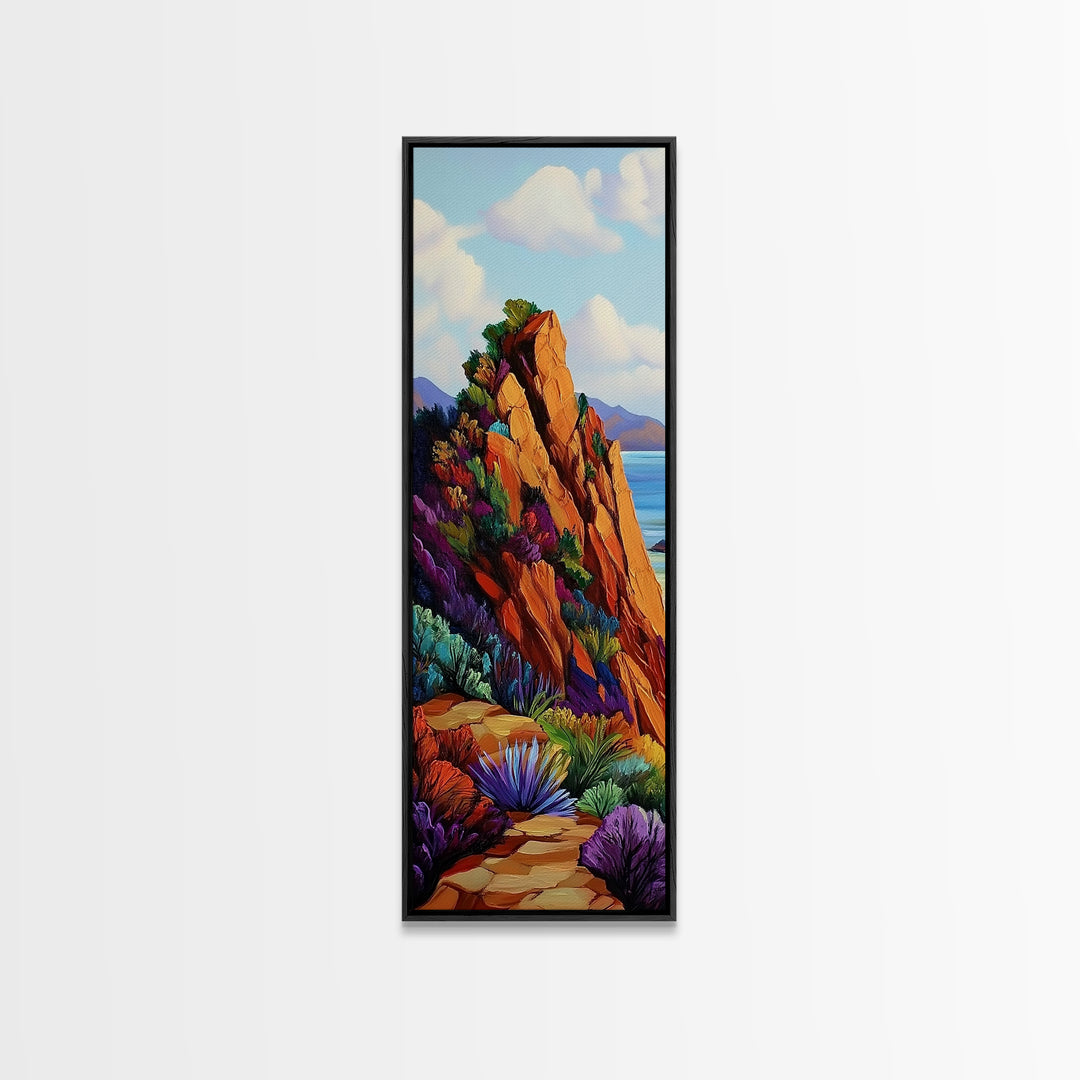 Cliff Trail, Seaside, Vista, Framed Canvas Print, nature hiking trail painting, boho wall decor, mountain sea view artwork, living room print