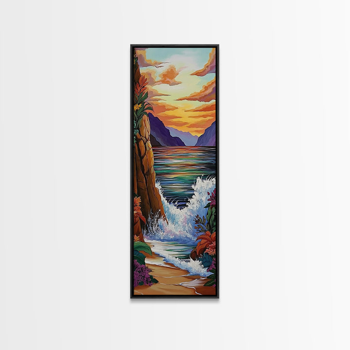 Coastal Sunset Waves Garden, Framed Canvas Print, Ocean beach sunset painting, floral wall decor, coastal fall home art, bohemian vibe