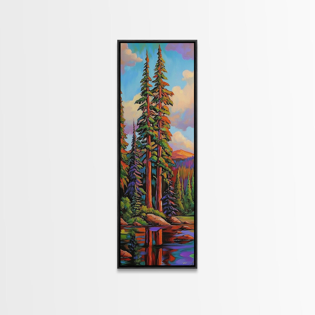 Pines Forest, Reflections Tranquil, Canvas Print, Serene forest lake painting, pine tree wall art, cabin living room decor, landscape piece