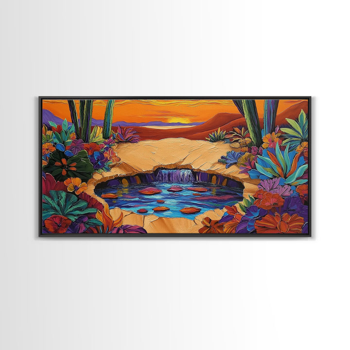 Sunset Cactus, Oasis, Vibrant Desert Canvas Print, Boho Living Room Wall Art, Colorful Sunset Painting, Southwest Style Artwork